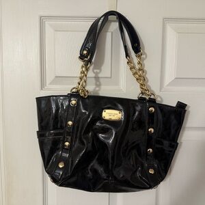 Michael Kors Glossy Black Tote with Gold Accents